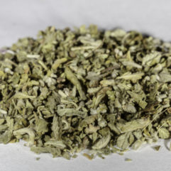An angled front photograph of a small pile of cut and sifted Turnera Diffusa (Damiana) herb.